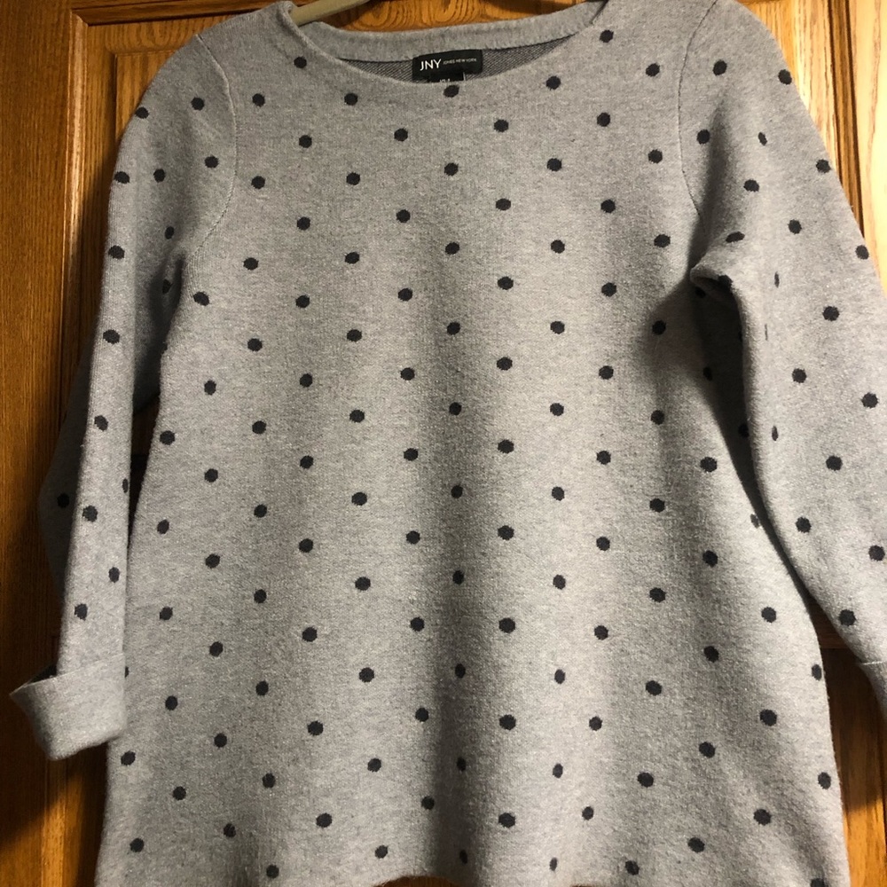 Grey sweater with black polka dots